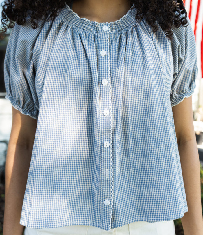 Dusty Blue Checker Puff Sleeve Blouse