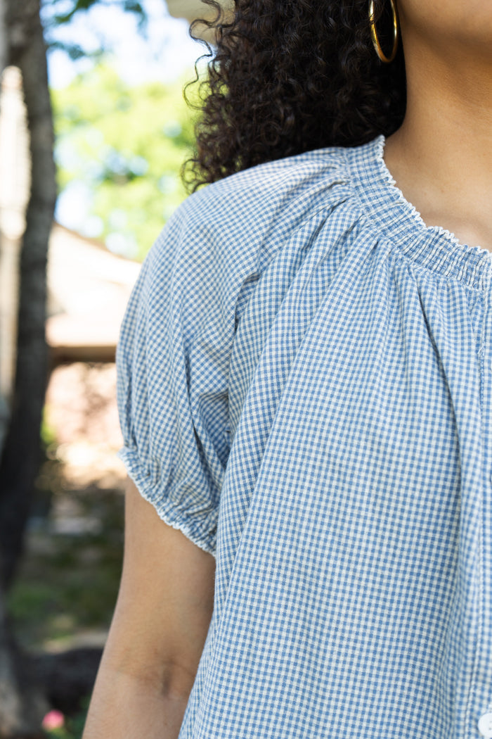Dusty Blue Checker Puff Sleeve Blouse