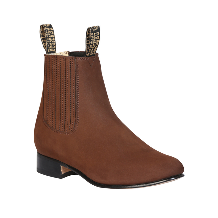 leather short western ankle boot with elastic side panels and low heel.