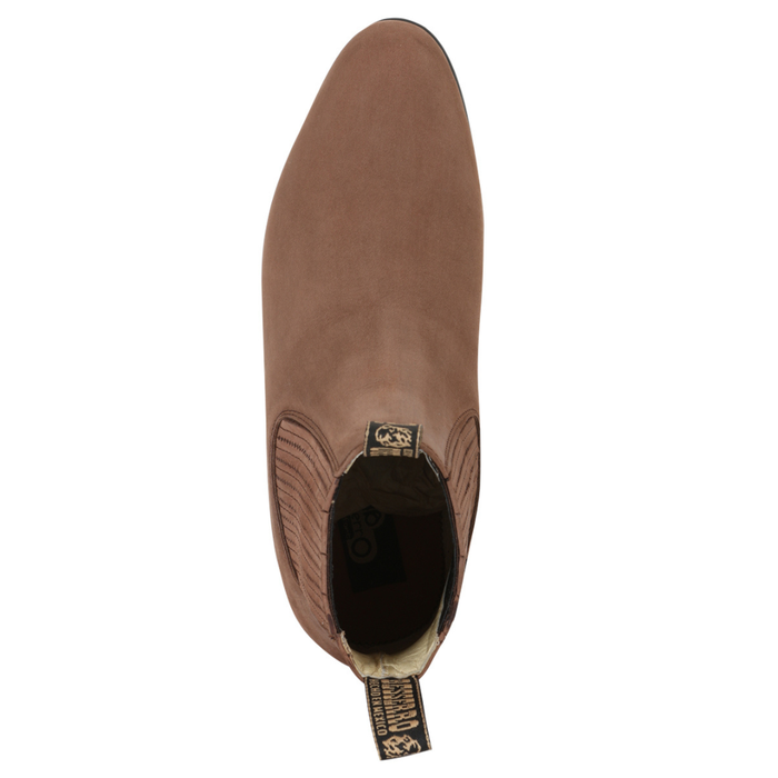 leather short western ankle boot with elastic side panels and low heel.