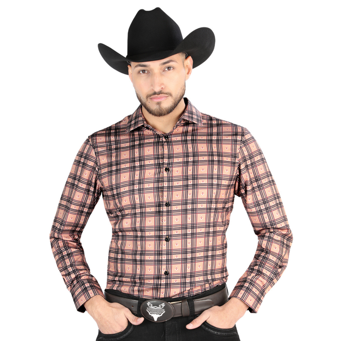 Front view of El General Men's Beige and Black  plaid Western button-down shirt