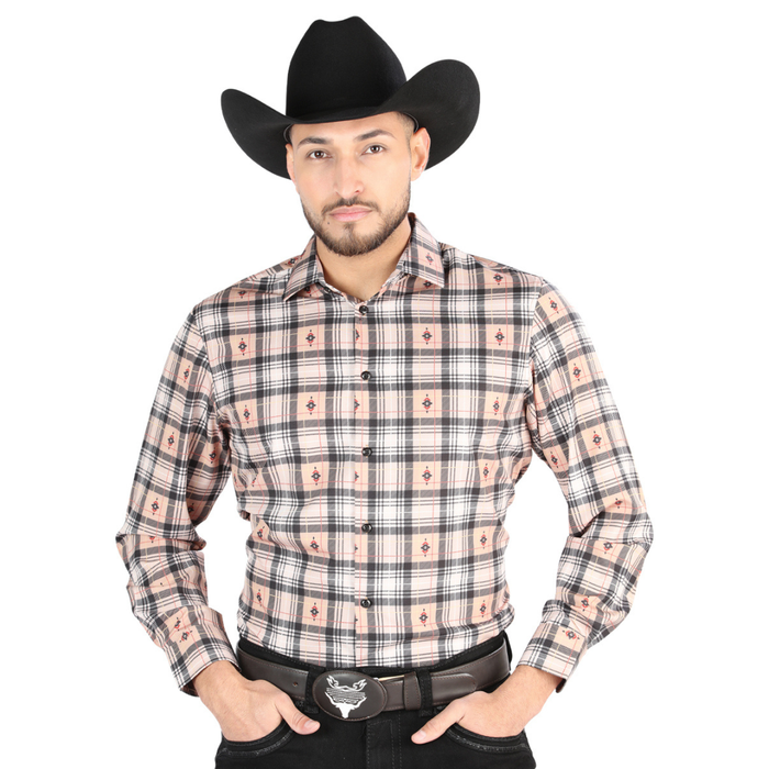 Front view of El General Men's Beige and Black blue plaid Western button-down shirt
