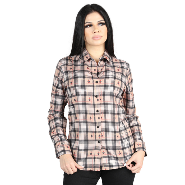 Front view of El General kids’ beige and black plaid Western button-down shirt