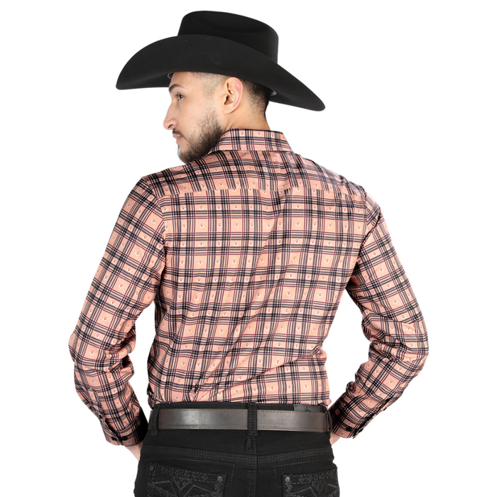 Back view of El General Men's Beige and Black  plaid Western button-down shirt