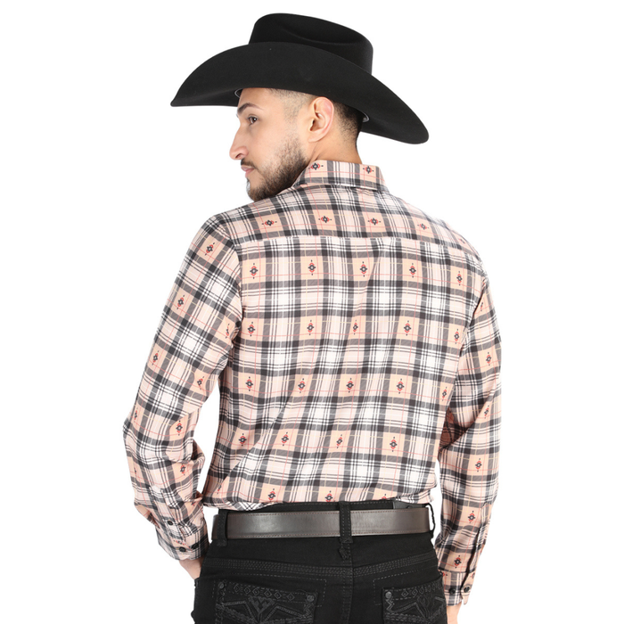 Back view of El General Men's Beige and Black blue plaid Western button-down shirt