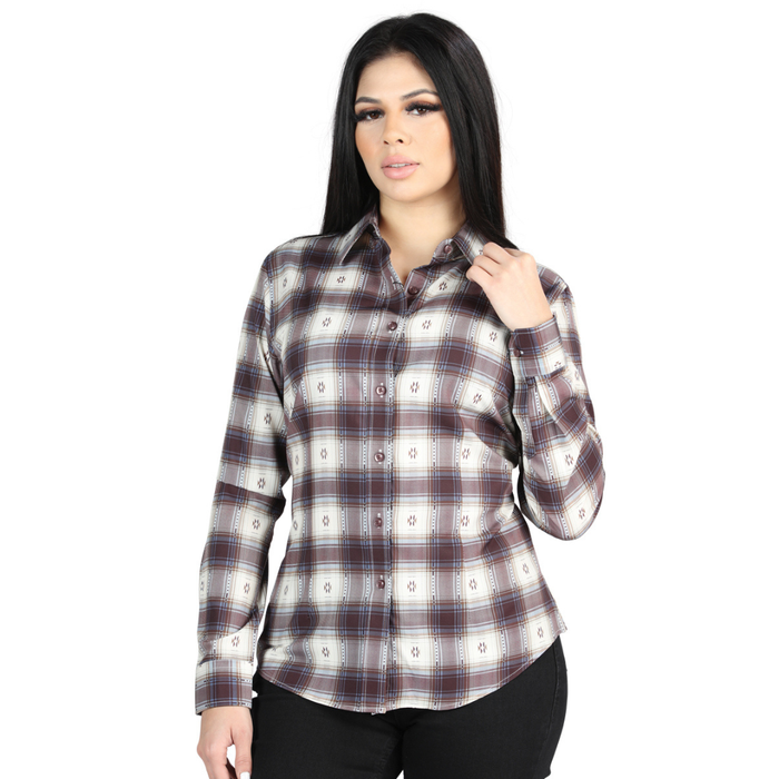 Front view of El General Women's Beige and Burgundy plaid Western button-down shirt