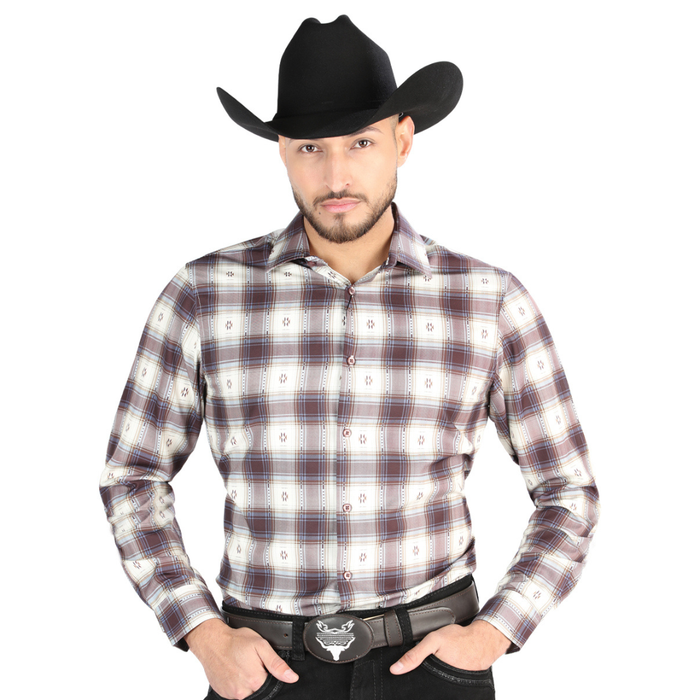 Front view of El General Men's Beige and Burgundy plaid Western button-down shirt