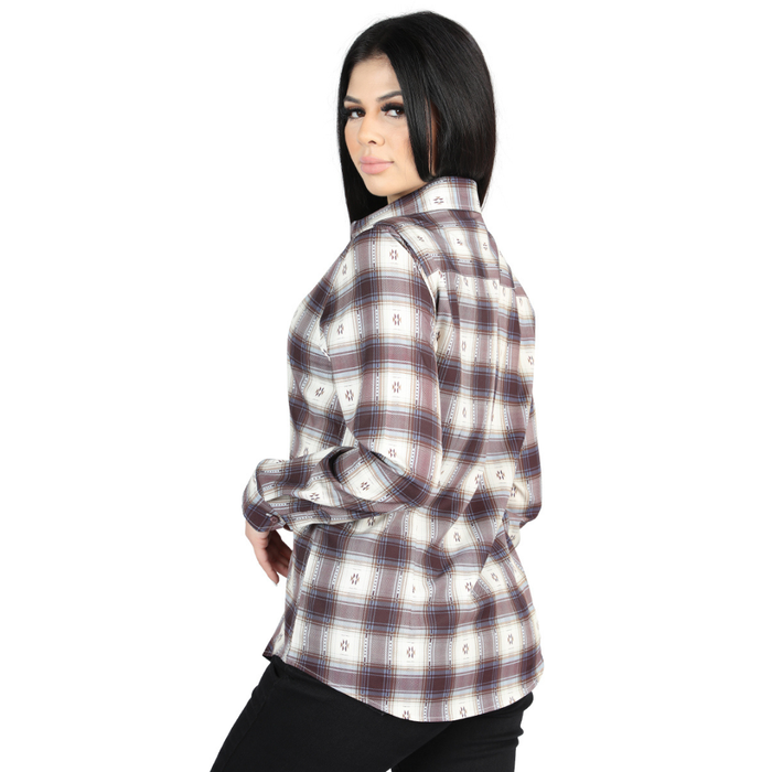 Side view of El General Women's Beige and Burgundy plaid Western button-down shirt