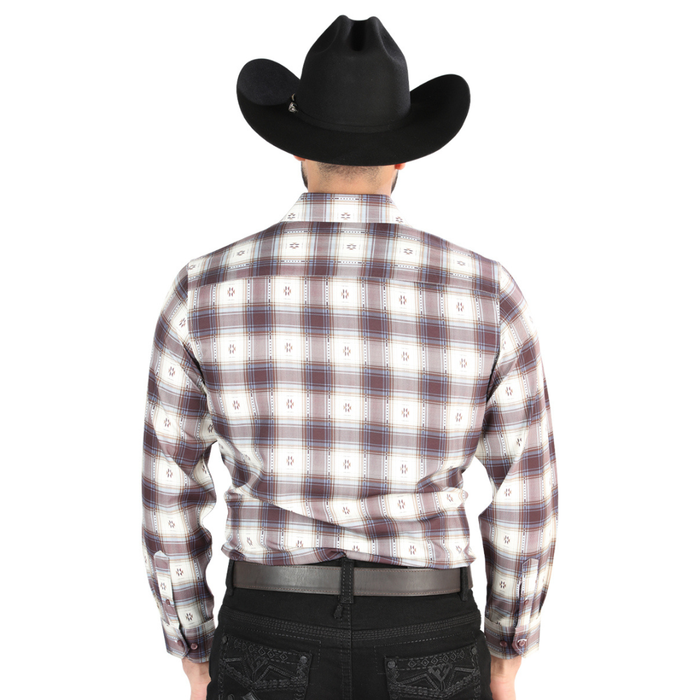 Back view of El General Men's Beige and Burgundy plaid Western button-down shirt