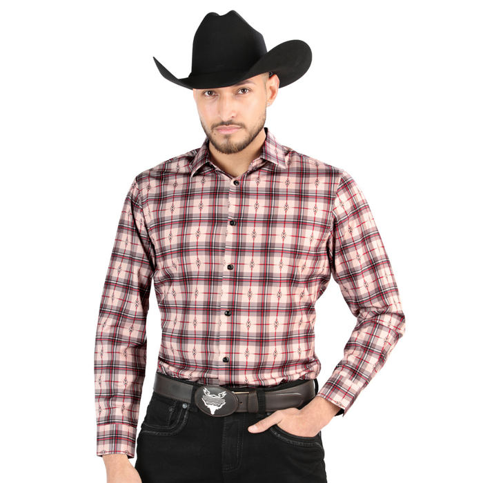 Front view of El General Men's Beige and Red plaid Western button-down shirt