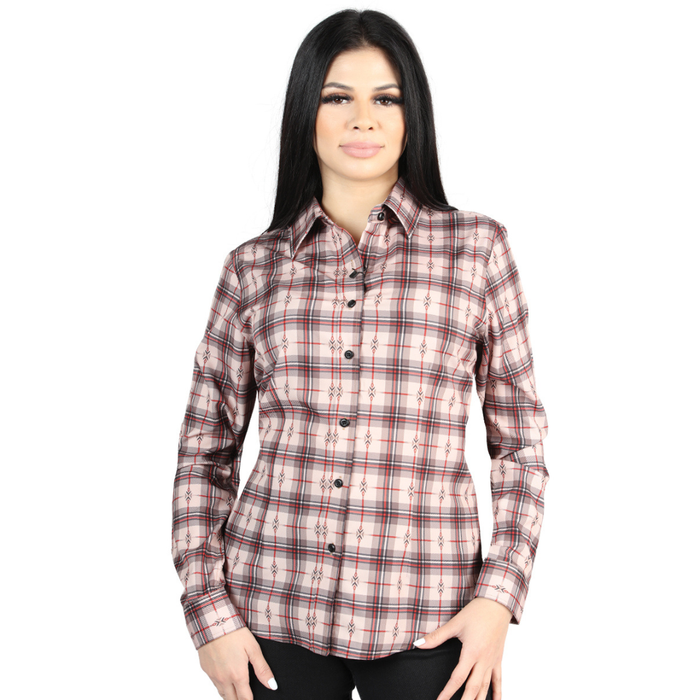 Front view of El General Women's Beige and Red plaid Western button-down shirt