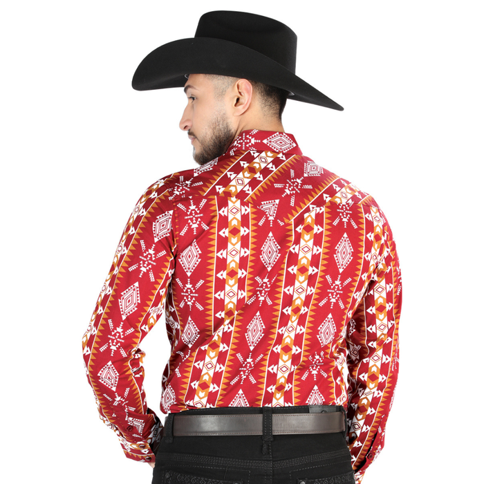 El General men’s Western shirt with red, and white Aztec print – back view
