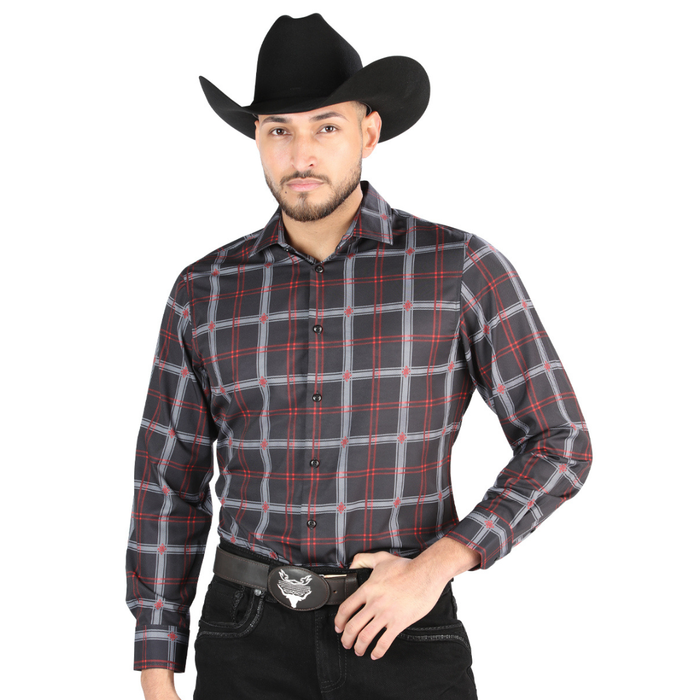 Front view of El General Men's Black and gray plaid Western button-down shirt