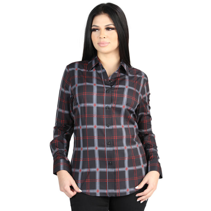 Front view of El General Women's Black and Gray plaid Western button-down shirt