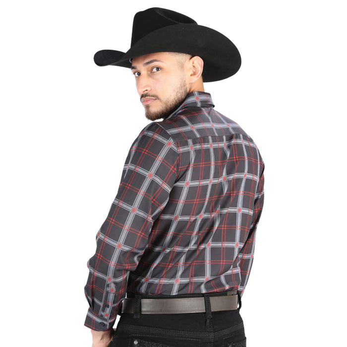 Back view of El General Men's Black and gray plaid Western button-down shirt