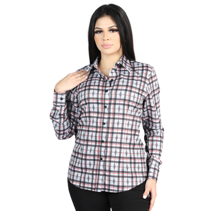 Front view of El General Women's Black and White plaid Western button-down shirt