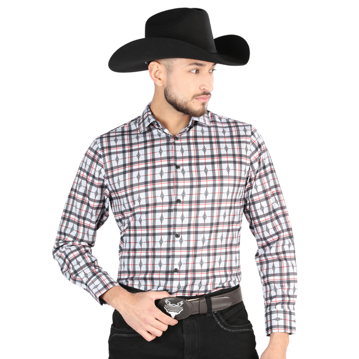 Front view of El General Men's Black and White plaid Western button-down shirt