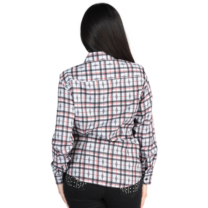 Back view of El General Women's Black and White plaid Western button-down shirt