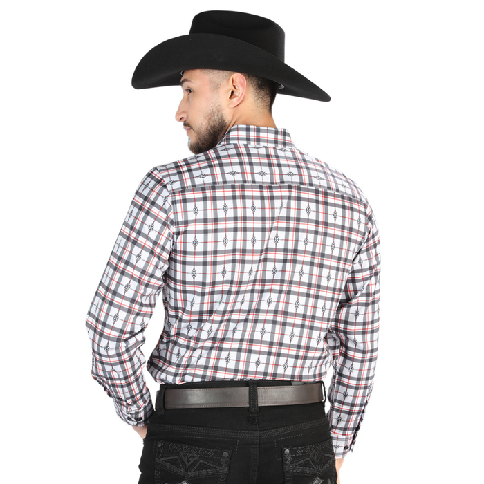 Back view of El General Men's Black and White plaid Western button-down shirt