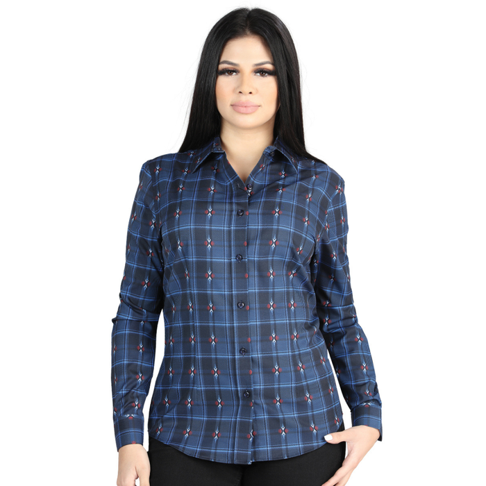Front view of El General Women's Blue and Black plaid Western button-down shirt