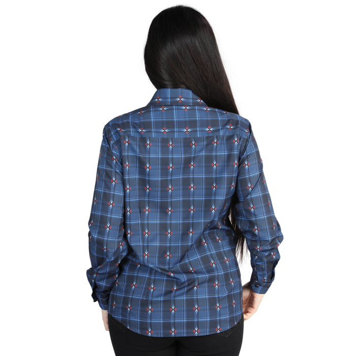 Back view of El General Women's Blue and Black plaid Western button-down shirt