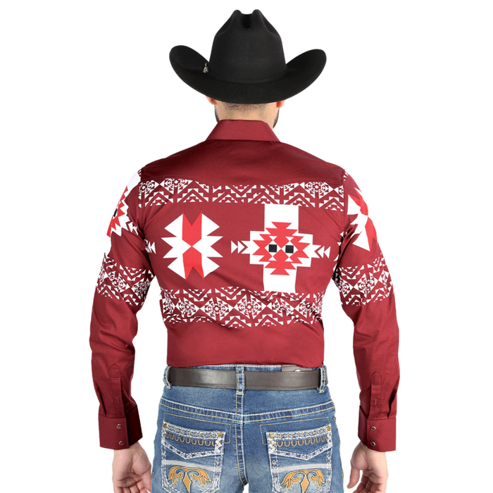 El General men’s burgundy and white Aztec print Western shirt – front view