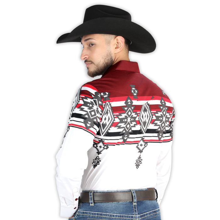 El General men’s burgundy and White Aztec print Western shirt – back view