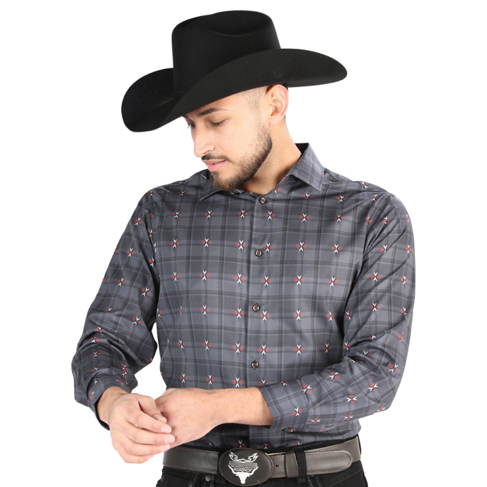 Front view of El General Men's gray plaid Western button-down shirt