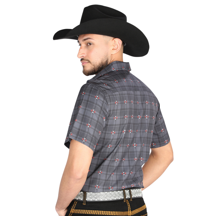 Back plaid shirt view of El General Men's gray plaid Western button-down shirt