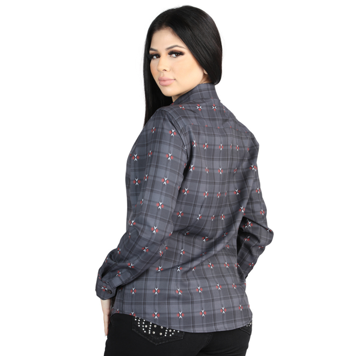 El General women’s charcoal plaid long-sleeve Western button-down shirt with accents back view