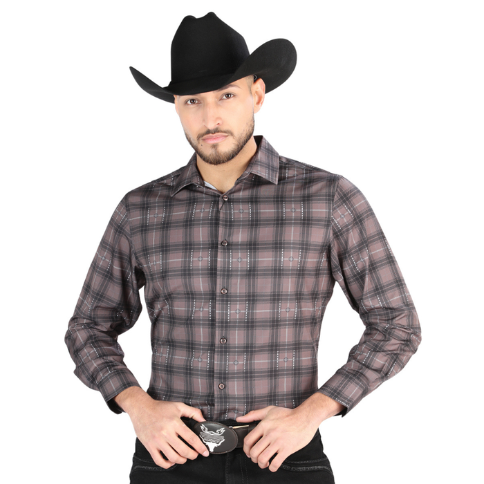 El General Men’s Mocha and Olive plaid long-sleeve Western button-down shirt