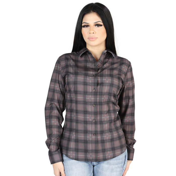 Front view of El General Women's Mocha and Olive plaid Western button-down shirt