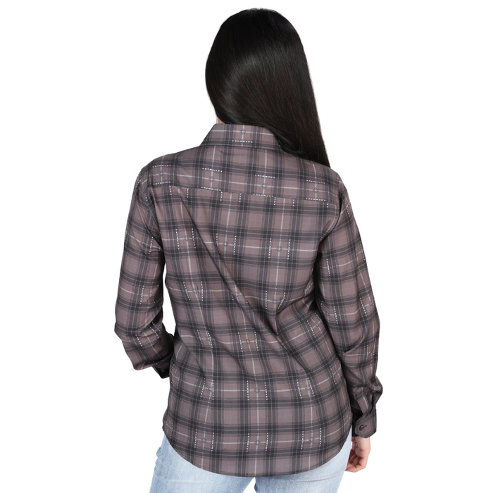 Back view of El General Women's Mocha and Olive plaid Western button-down shirt