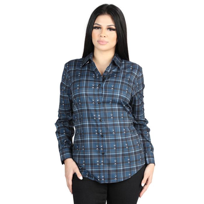 Front view of El General Women's Navy and White plaid Western button-down shirt