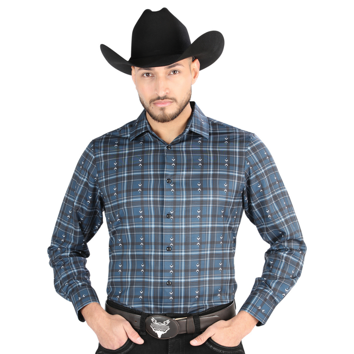 El General Men’s Navy and Gray plaid long-sleeve Western button-down shirt