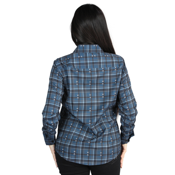 Back view of El General Women's Navy and White plaid Western button-down shirt
