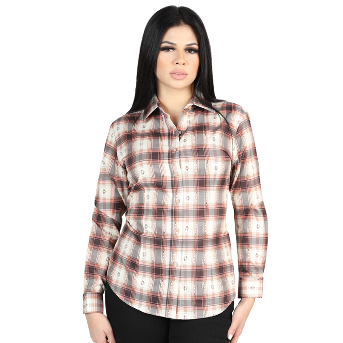 Front view of El General Women's  Orange and Beige plaid Western button-down shirt