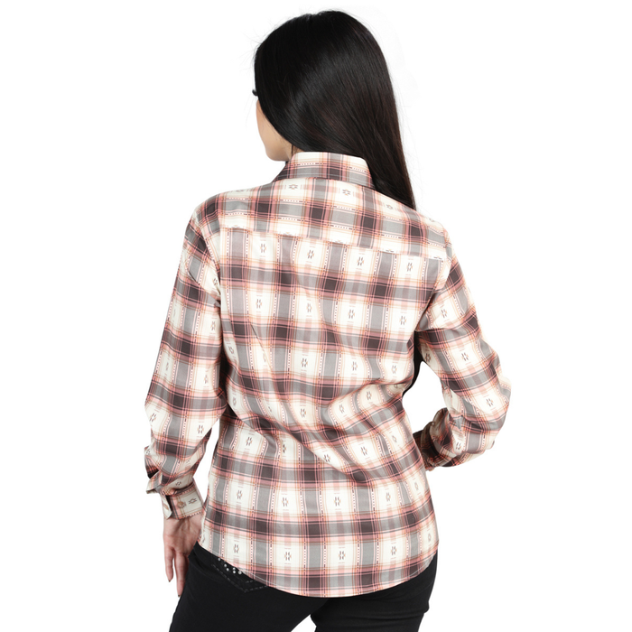 Back view of El General Women's  Orange and Beige plaid Western button-down shirt