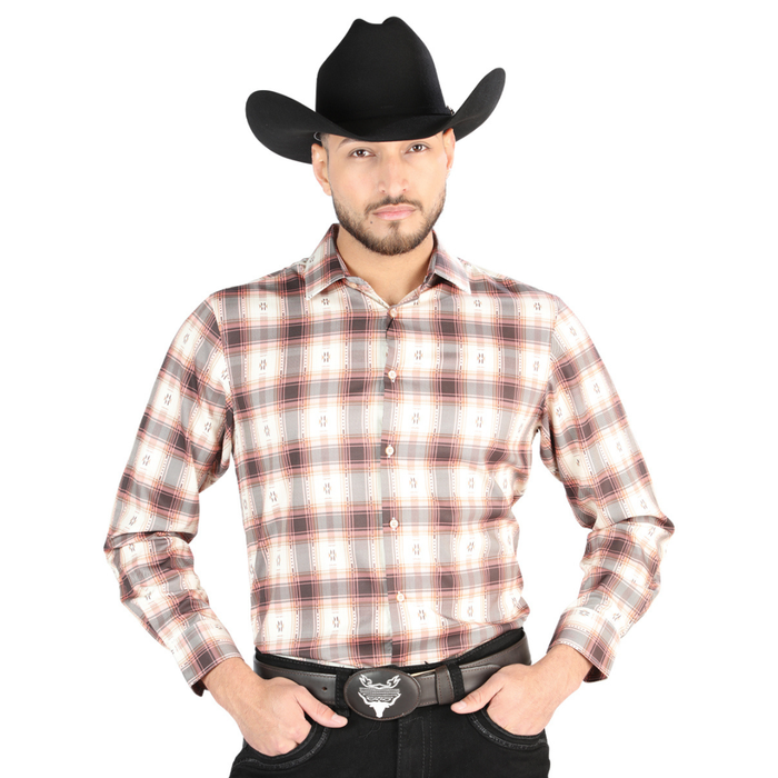 El General Men’s Orange and Beige plaid long-sleeve Western button-down shirt