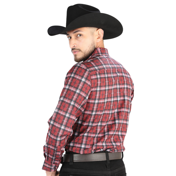 Back view of El General Men's Red and Black plaid Western button-down shirt