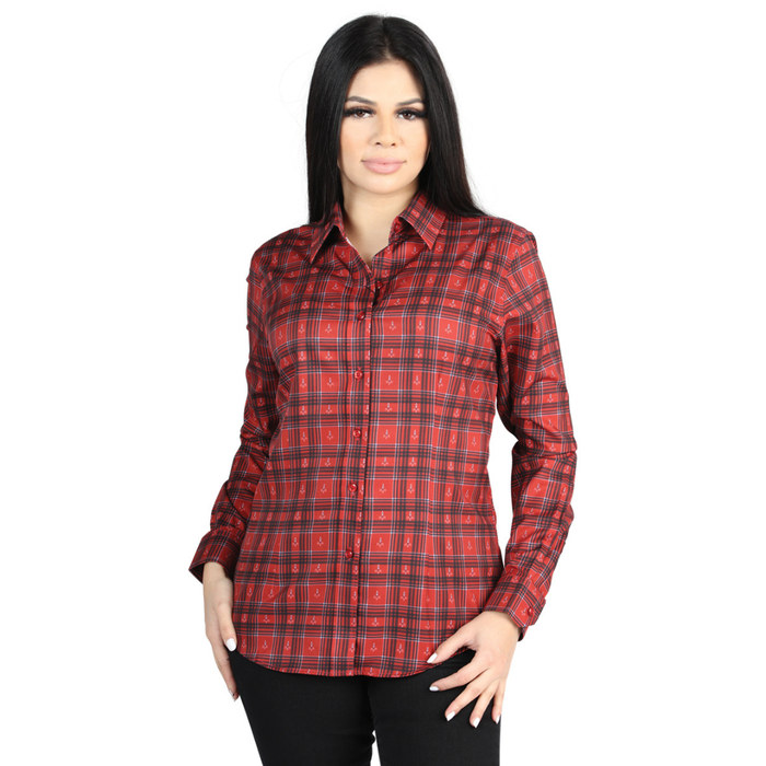 Front view of El General Women's Red plaid Western button-down shirt