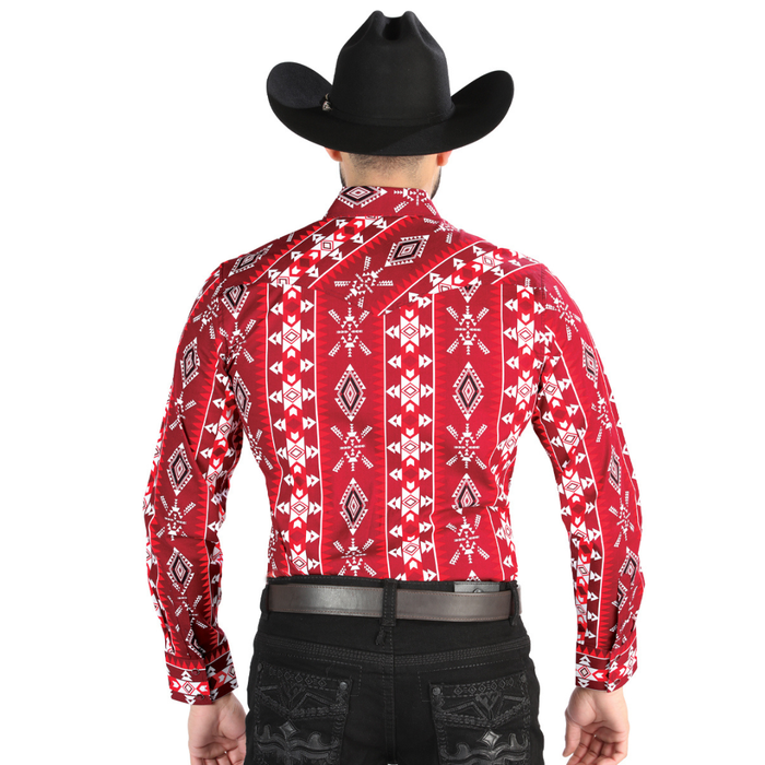 El General men’s Western shirt with red, black, and white Aztec print – back shirt view