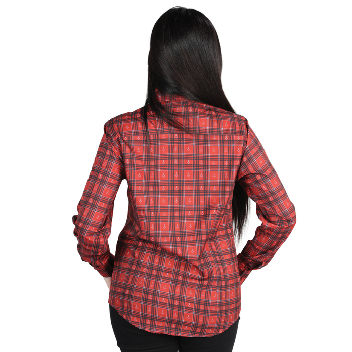 Back view of El General Women's Red plaid Western button-down shirt