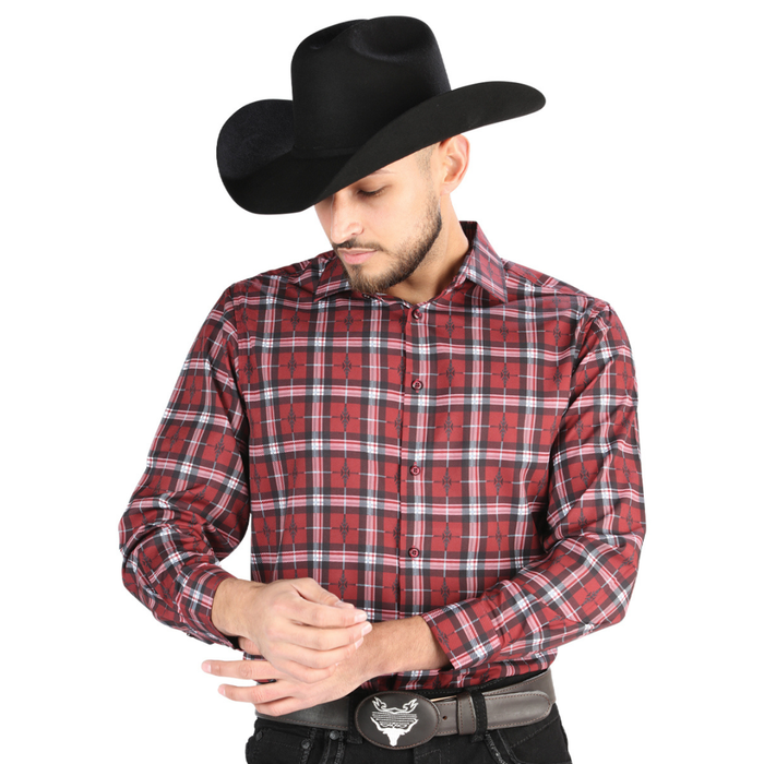 Front view of El General Men's Red and Black plaid Western button-down shirt