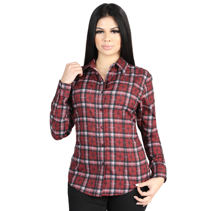 Front view of El General Women's Red and Black plaid Western button-down shirt