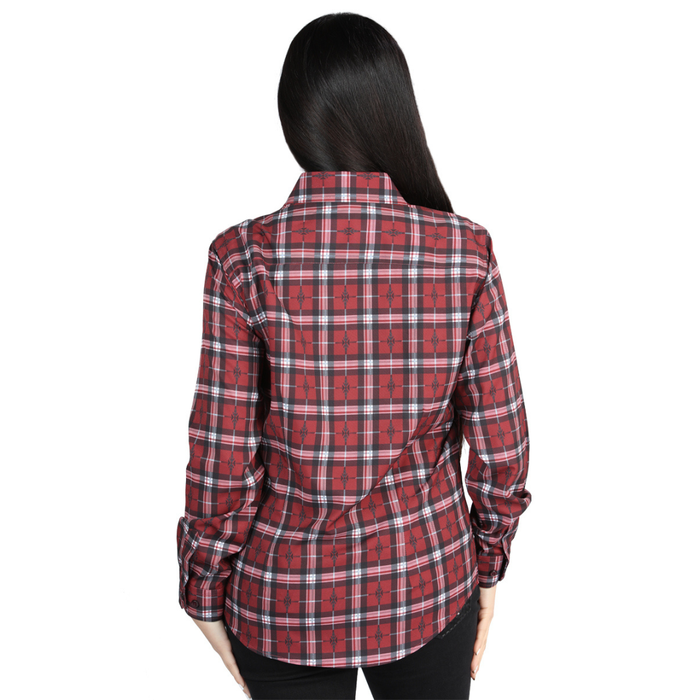 Back view of El General Women's Red and Black plaid Western button-down shirt