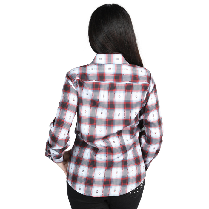 Back view of El General Women's Blue and Black plaid Western button-down shirt