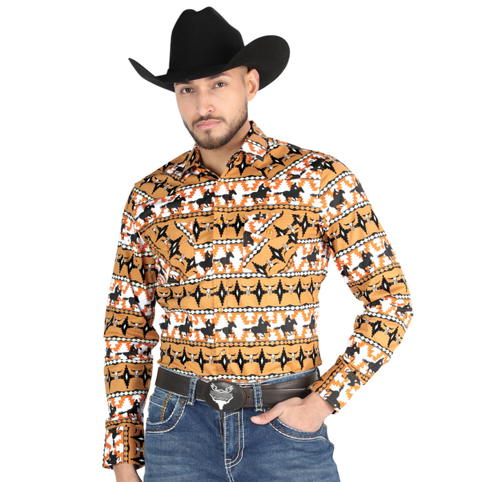 El General Men’s Taupe and Yellow long-sleeve Western button-down shirt