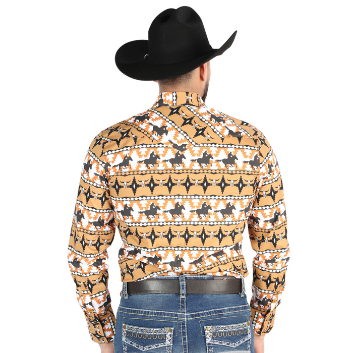El General Men’s Taupe and Yellow long-sleeve Western button-down shirt