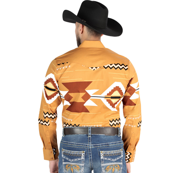 El General men’s Taupe and white Aztec print Western shirt – back view